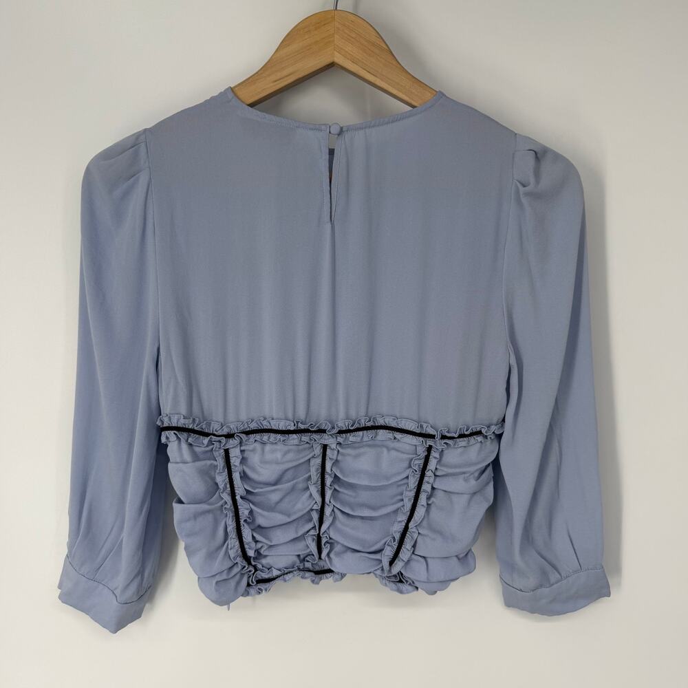 fleur du mal Love Bound Ruched Stretch Silk Top Ruffle Puff Sleeve Corset Blouse - Picture 6 of 12